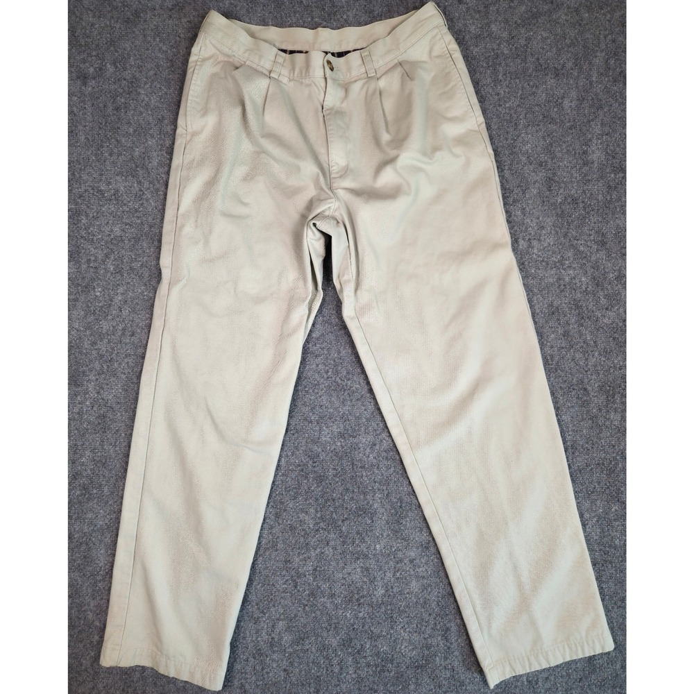 L.L. Bean Chino Pants Mens 34 Khaki Tan Flannel Lined Pleated Natural Fit Cotton